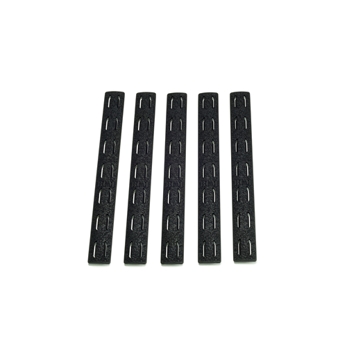 Bravo Company USA KeyMod 5.5'' Rail Panel Kit with five black polymer strips, designed for optimal grip and customization.